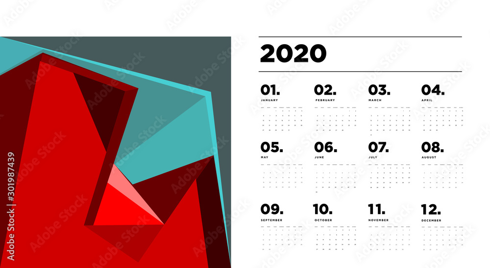Poster 2020 new year calendar design template with colorful abstract geometric and liquid background