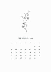 02 Page - FEBRUARY 2020 – Wall or Desk Art Calendar 2020 Printable Vector Template. Daily Planner 2020. 12 Line art Flowers Illustration. Floral Minimal and Elegant Diary Calendar 2020 Design.