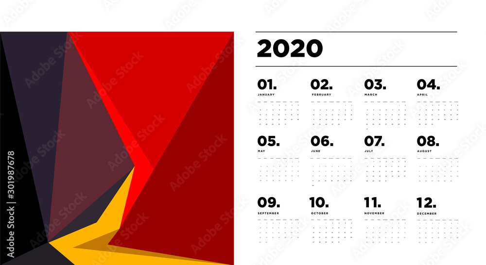 Poster 2020 new year calendar design template with colorful abstract geometric and liquid background