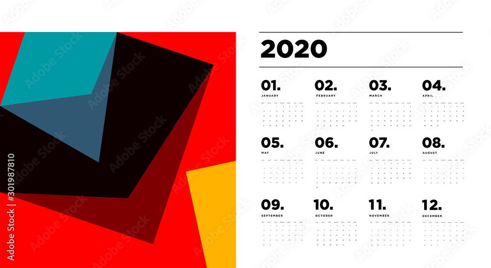 Poster 2020 new year calendar design template with colorful abstract geometric and liquid background