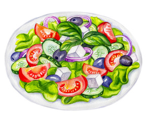 Watercolor illustration of salad with greens, cherry tomatoes, onions, cheese and cucumber on a white background