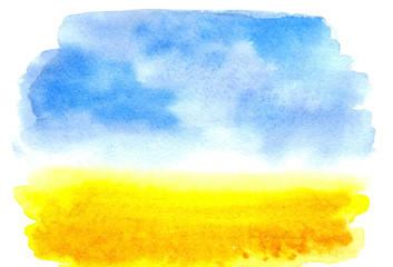 Watercolor picture wheat field with the sky. Watercolor rural landscape. Beautiful Blue sky with yellow fields © Oleksandra