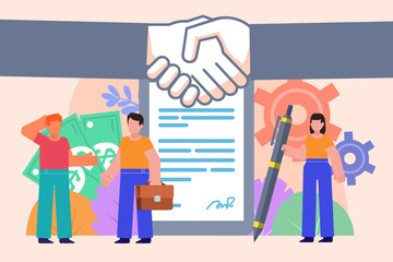 Successful business agreement, document sign. Group of people stand near big document. Poster for social media, web page, banner, presentation. Flat design vector illustration