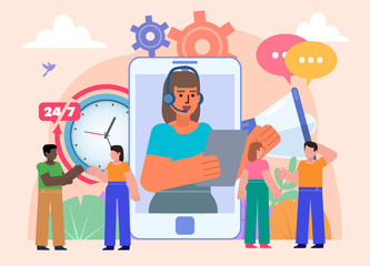 24 hours support or help, frequently asked questions. Contact support center from your phone concept. Poster for social media, web page, banner, presentation. Flat design vector illustration
