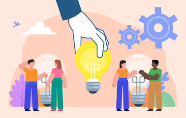 Teamwork, brainstorm, idea generate concept. Big hand gives idea light bulb to group of small people. Poster for social media, web page, banner, presentation. Flat design vector illustration