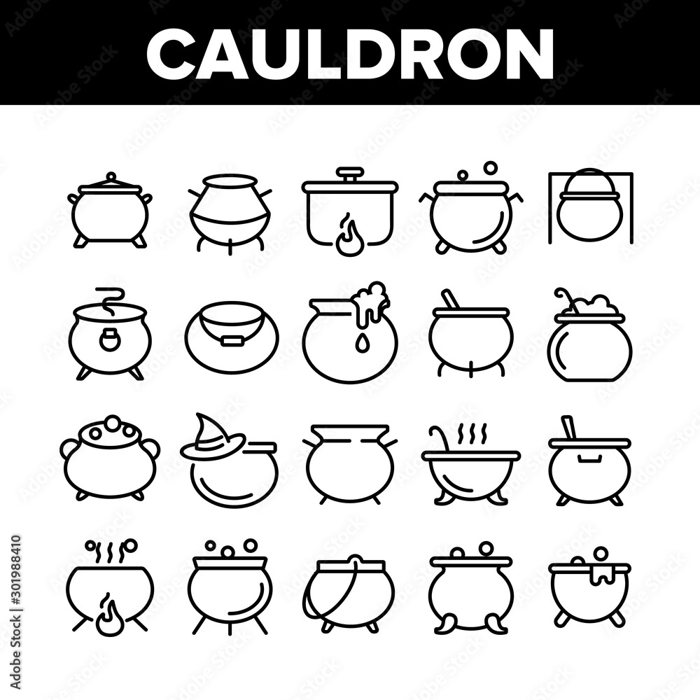 Poster cauldron collection elements icons set vector thin line. cauldron on flame campfire and with bubbles