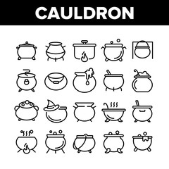 Cauldron Collection Elements Icons Set Vector Thin Line. Cauldron On Flame Campfire And With Bubbles, With Foam And Witch Hat Concept Linear Pictograms. Monochrome Contour Illustrations