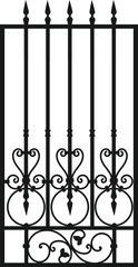Forged fence. Gothic door, vector design. Decorative garden gate. Metal pattern or iron wicket for garden, castel. Rich ornament. Scroll-work