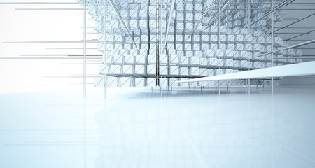 Drawing abstract architectural white interior from an array of cubes with large windows. 3D illustration and rendering.