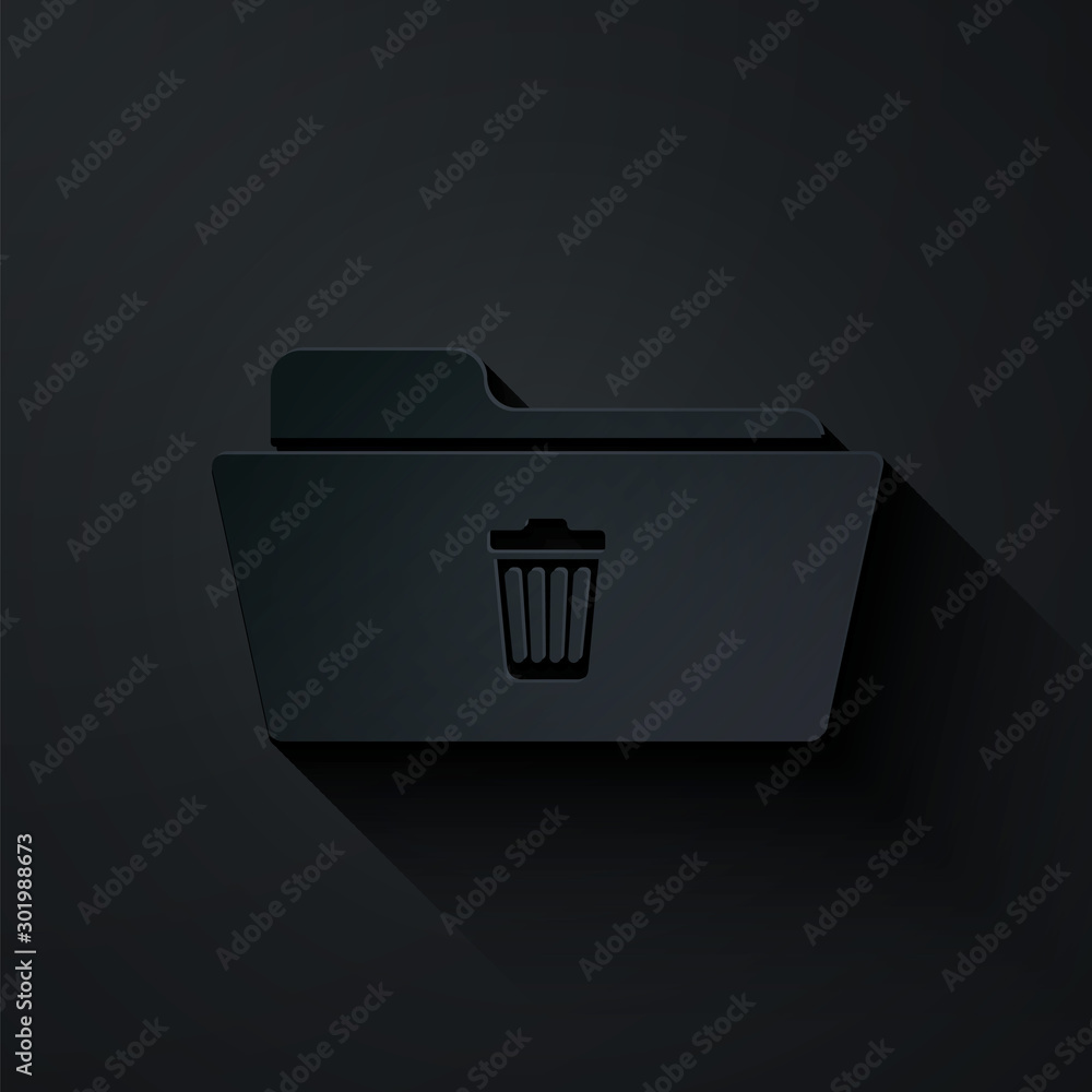 Poster paper cut delete folder icon isolated on black background. folder with recycle bin. delete or error 