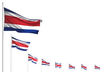 pretty many Costa Rica flags placed diagonal isolated on white with space for your text - any occasion flag 3d illustration..