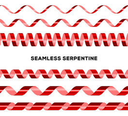 Obraz premium Seamless serpentine realistic set. Festive red ribbons border vector. Glowing spiral tape for wrapping paper, postcards and presents decoration. 3d design element on white background