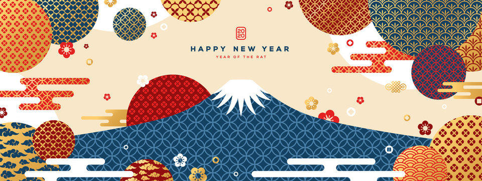 Mount Fuji at sunset. Japanese greeting card or banner with geometric ornate shapes. Happy New Year 2020. Clouds and Asian Patterns in Modern Style.