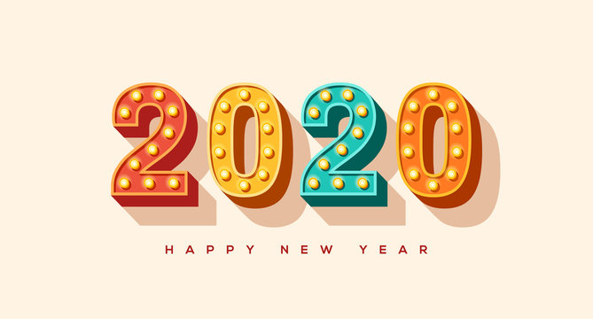 2020 card or banner with typography design. Vector illustration. Numbers of retro light bulbs font. Minimal invitation for Merry Christmas and Happy New Year.