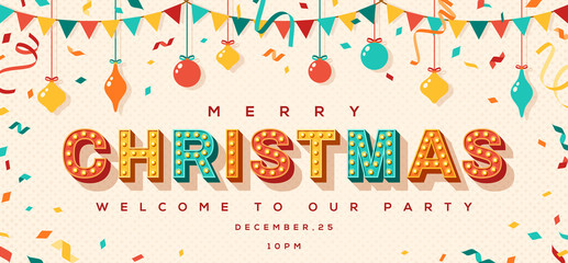 Merry Christmas card or invitation with typography design. Vector illustration with retro light bulbs font, streamers, confetti and hanging flag garlands.