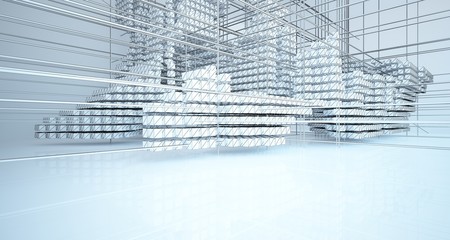 Obraz premium Drawing abstract architectural white interior from an array of cubes with large windows. 3D illustration and rendering.