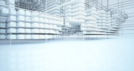 Drawing abstract architectural white interior from an array of cubes with large windows. 3D illustration and rendering.