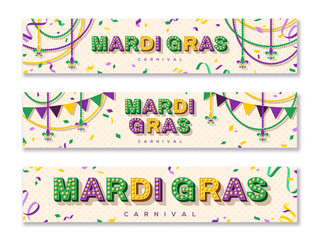 Mardi Gras horizontal banner with typography design. Vector illustration with retro light bulbs font, streamers, confetti and hanging garlands - obrazy, fototapety, plakaty