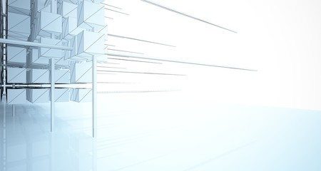 Drawing abstract architectural white interior from an array of cubes with large windows. 3D illustration and rendering.