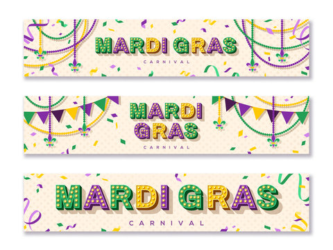 Mardi Gras horizontal banner with typography design. Vector illustration with retro light bulbs font, streamers, confetti and hanging garlands