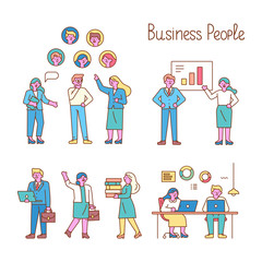 Teamwork line art vector set. Office workplace, meeting. People working together in the office. Flat vector illustration.