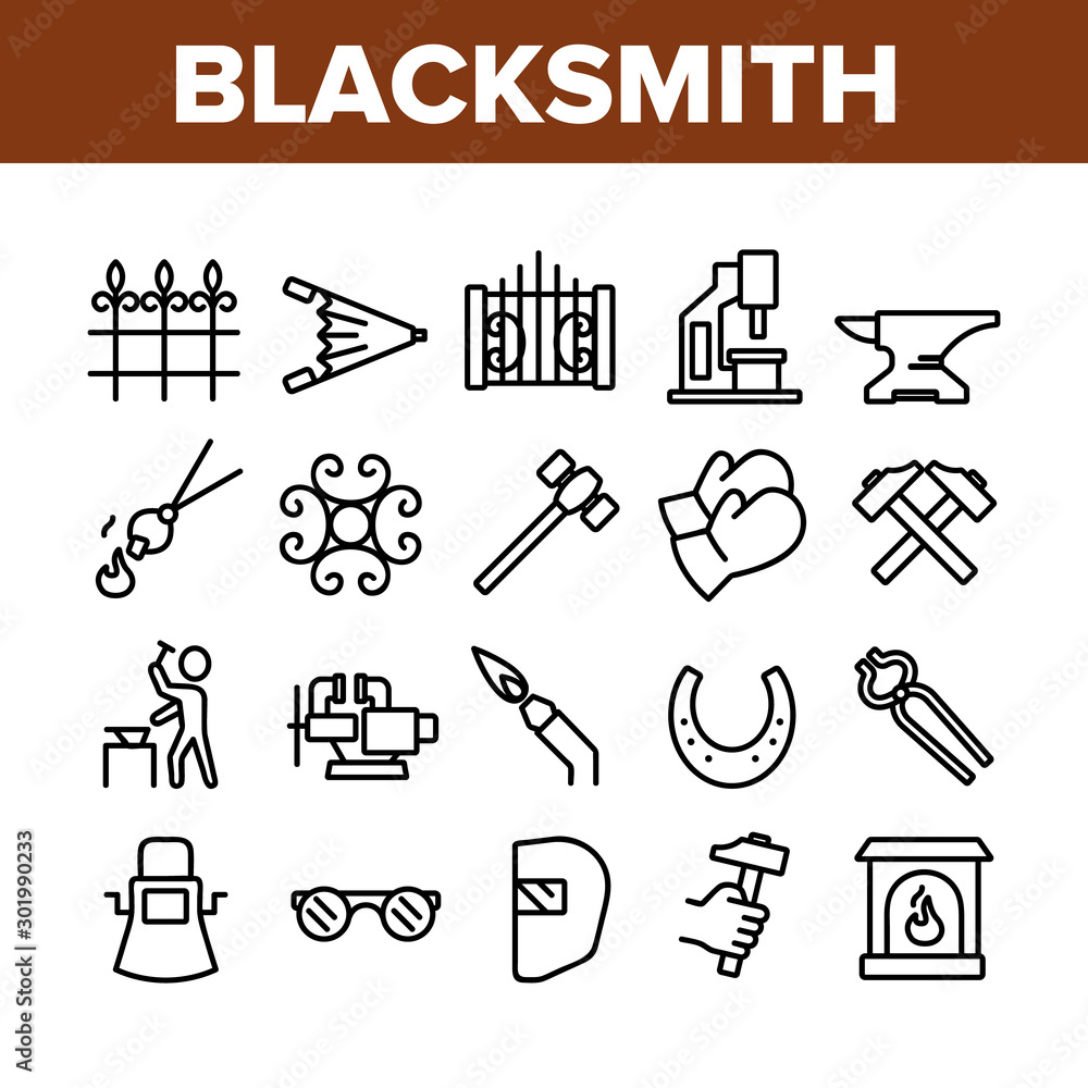 Poster blacksmith collection elements icons set vector thin line. wrought fence and gate, railing and signb