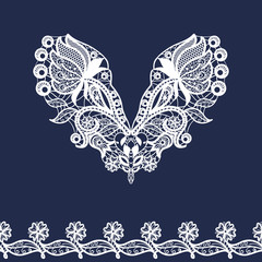 Vector lace neckline and border. Neck print with floral ornament.  Imitation of needlework design. Decorative elements for design and fashion
