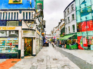 Fototapeta na wymiar shopping center and streets in Cork, watercolor style