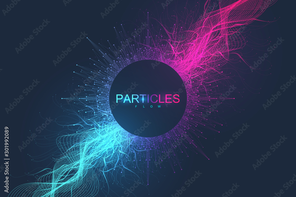 Fototapete Abstract scientific background with dynamic particles, wave flow. 3D data visualization with fractal elements. Cyberpunk style. Digital vector illustration