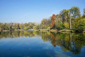 Serene and calm lake with fall foliage colors of the trees in the background , autumn landscape near Ploiesti City, Romania