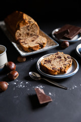 chestnut and chocolate chip cake for an autumn snack, vertical