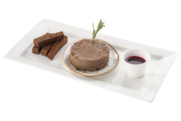 Chicken liver pate with cranberry sauce served with rye bread croutons isolated on white background