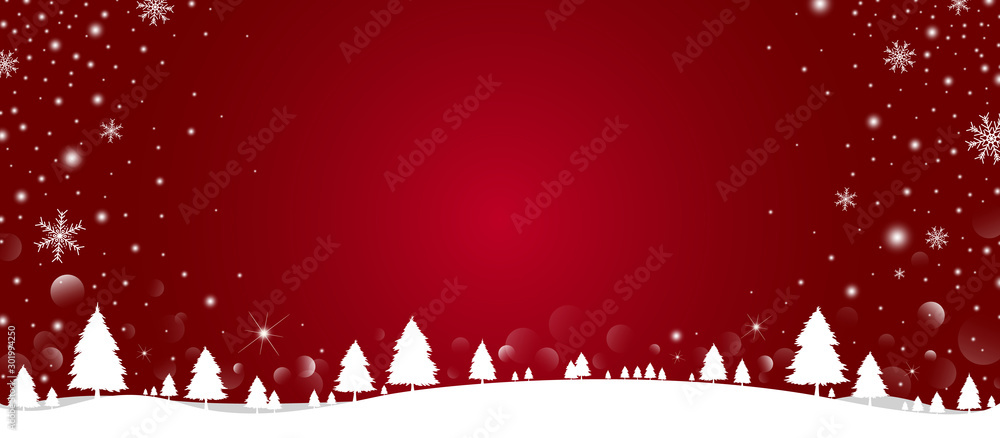 Wall mural christmas background design of pine tree and snowflake with snow falling in the winter vector illust
