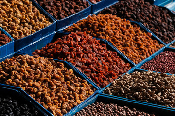 super food. counter with dried fruits on the market. Vegan Food.