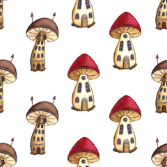 Gnome mushroom House Watercolor Illustration Hand-painted Cute Childish Cartoon Fantasy Fairytale