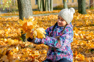 Pretty girl in the park sitting on fallen yellow leaves in a good mood