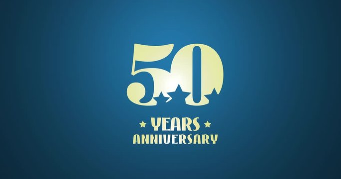 50 years anniversary 2D motion graphic 4K footage with golden metal effect, falling stars and number. 50th anniversary for birthday or wedding