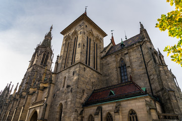 Germany, Ancient impressive gothic church building of st mary, called marienkirche in downtown reutlingen city at the marketplace