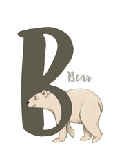 Hand drawn illustration of cute digital polar bear character and 