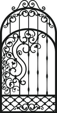 Forged fence. Gothic door, vector design. Decorative garden gate. Metal pattern or iron wicket for garden, castel. Rich ornament. Scroll-work