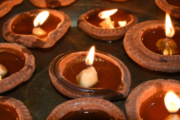 Beautiful deepawali diyas flame burning in India Diwali celebration