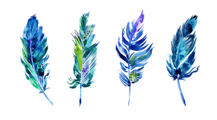 Set of turquoise feathers on a white isolated background. Watercolor exotic feathers.Bright bird feathers with green, yellow, violet spots. Bright multi-colored elements.