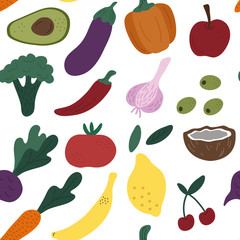 Seamless pattern of fruits and vegetables.Fresh food.Hand drawn illustration. 