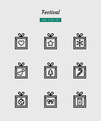 line icon symbol set, festival celebration, christmas, new year, present box, Isolated flat outline vector design