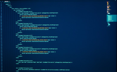 Lines of java coding on computer screen. Source code. Frontend development. React Coding. Script...
