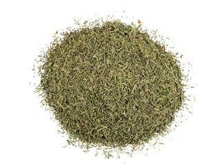 Some ground dill isolated on white background with copy space for text, images. Spices and herbs. Packaging concept. Close-up, top view.