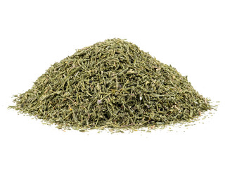 Some ground dill isolated on white background with copy space for text, images. Spices and herbs. Packaging concept. Close-up, side view.