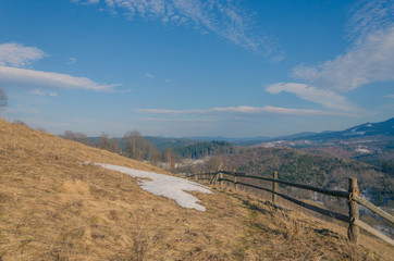 spring in mountains. snow is melting on a hill