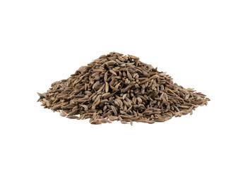 Pile of cumin seeds isolated on white background with copy space for text or images. Spices and herbs. Packaging concept. Close-up.