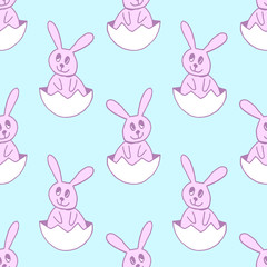Fototapeta premium Cute easter icon and animal pet collection, with easter eggs in nest, rabbit and lettering. Hand drawn vector illustration.